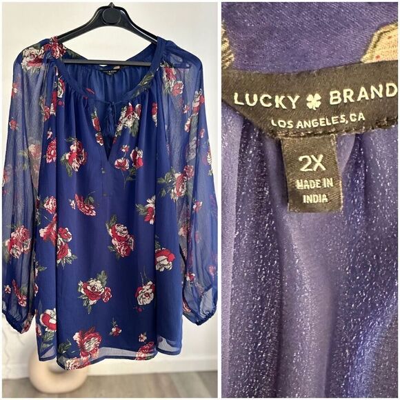 Lucky Brand 2X Womens Plus Size Floral Print Slash Neck Pullover Top, Blue - Picture 8 of 8